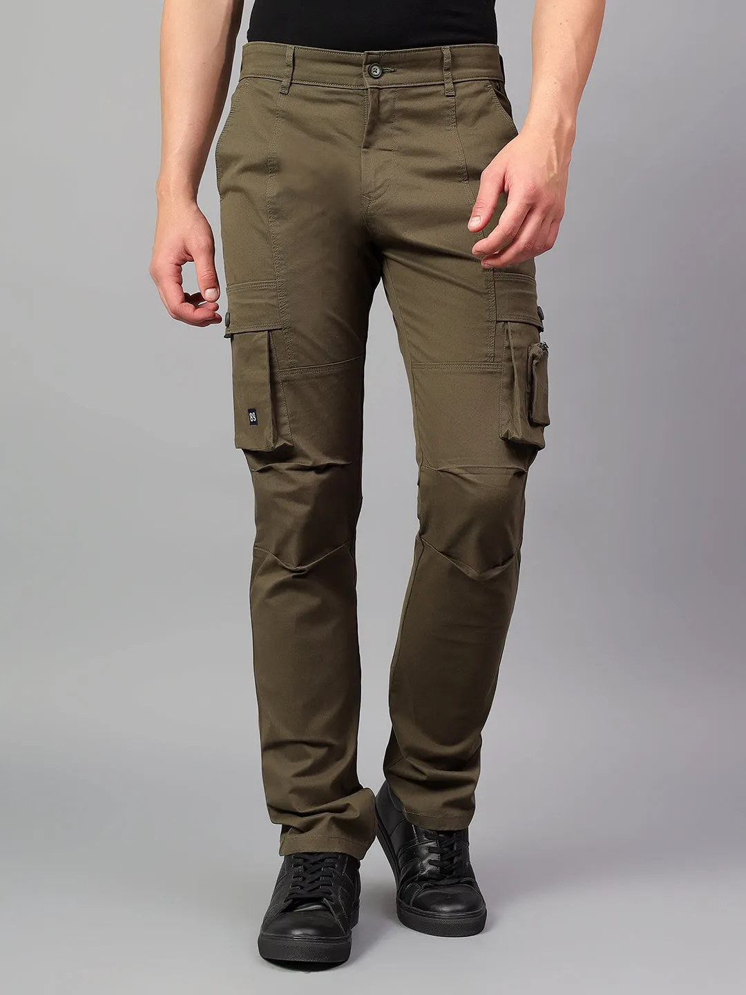 Men's Olive Green Solid Full Length Cargo