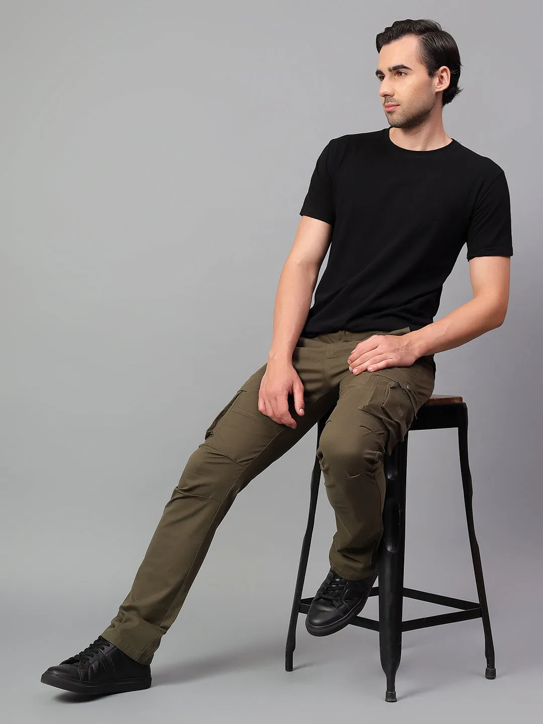 Men's Olive Green Solid Full Length Cargo