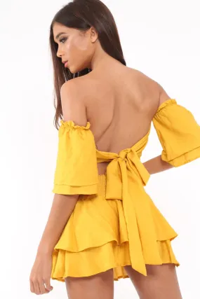 Mustard Frill Tie Back Bardot Crop Top And Mini Skirt - Sarabella