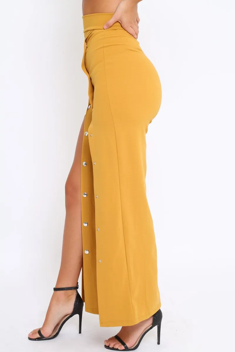 Mustard High Waist Flare Trousers with Popper detail -Tamy