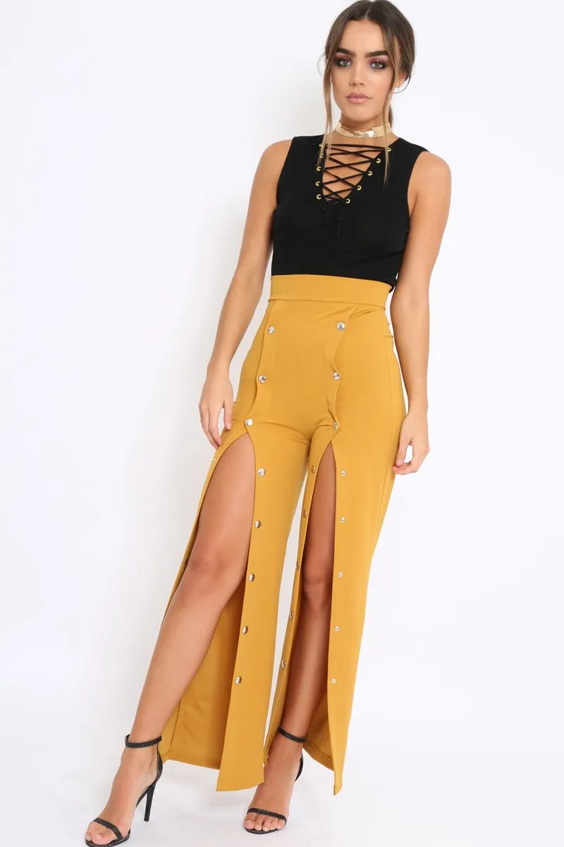 Mustard High Waist Flare Trousers with Popper detail -Tamy