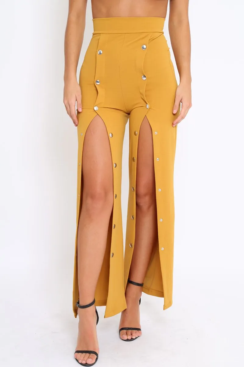 Mustard High Waist Flare Trousers with Popper detail -Tamy