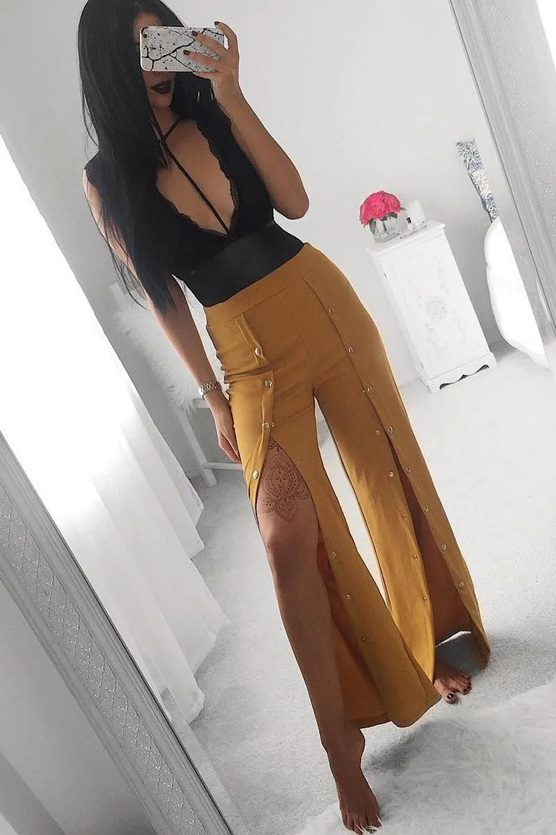 Mustard High Waist Flare Trousers with Popper detail -Tamy