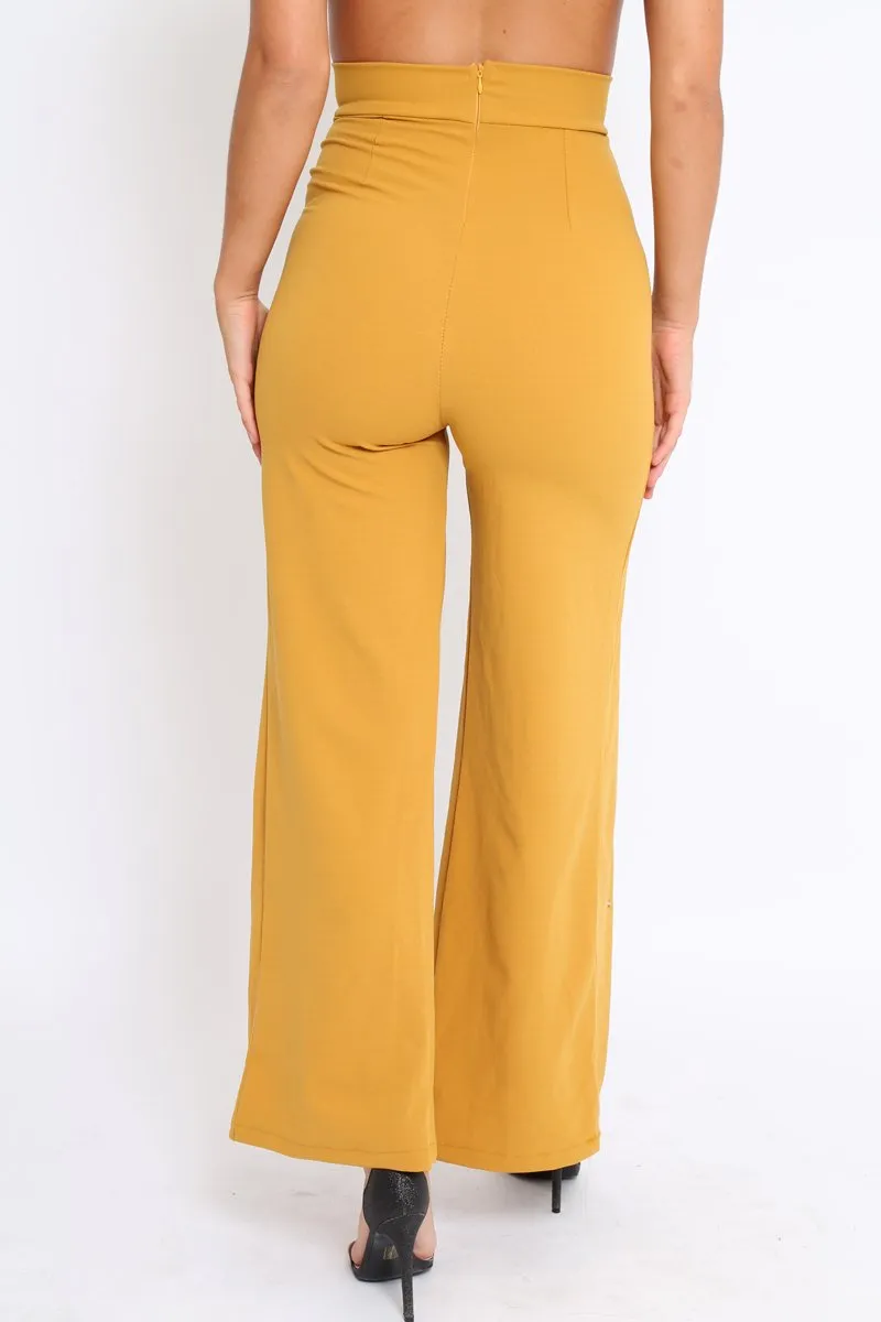 Mustard High Waist Flare Trousers with Popper detail -Tamy