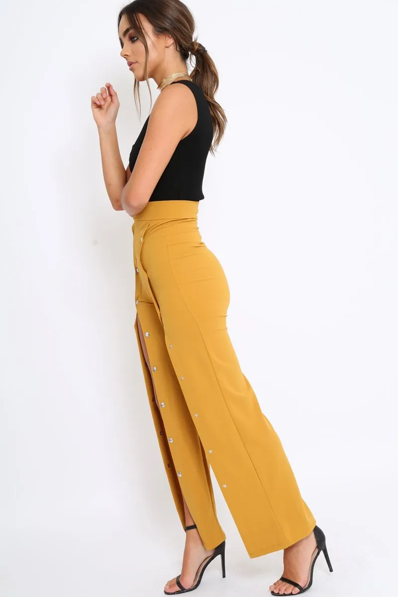 Mustard High Waist Flare Trousers with Popper detail -Tamy