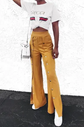 Mustard High Waist Flare Trousers with Popper detail -Tamy