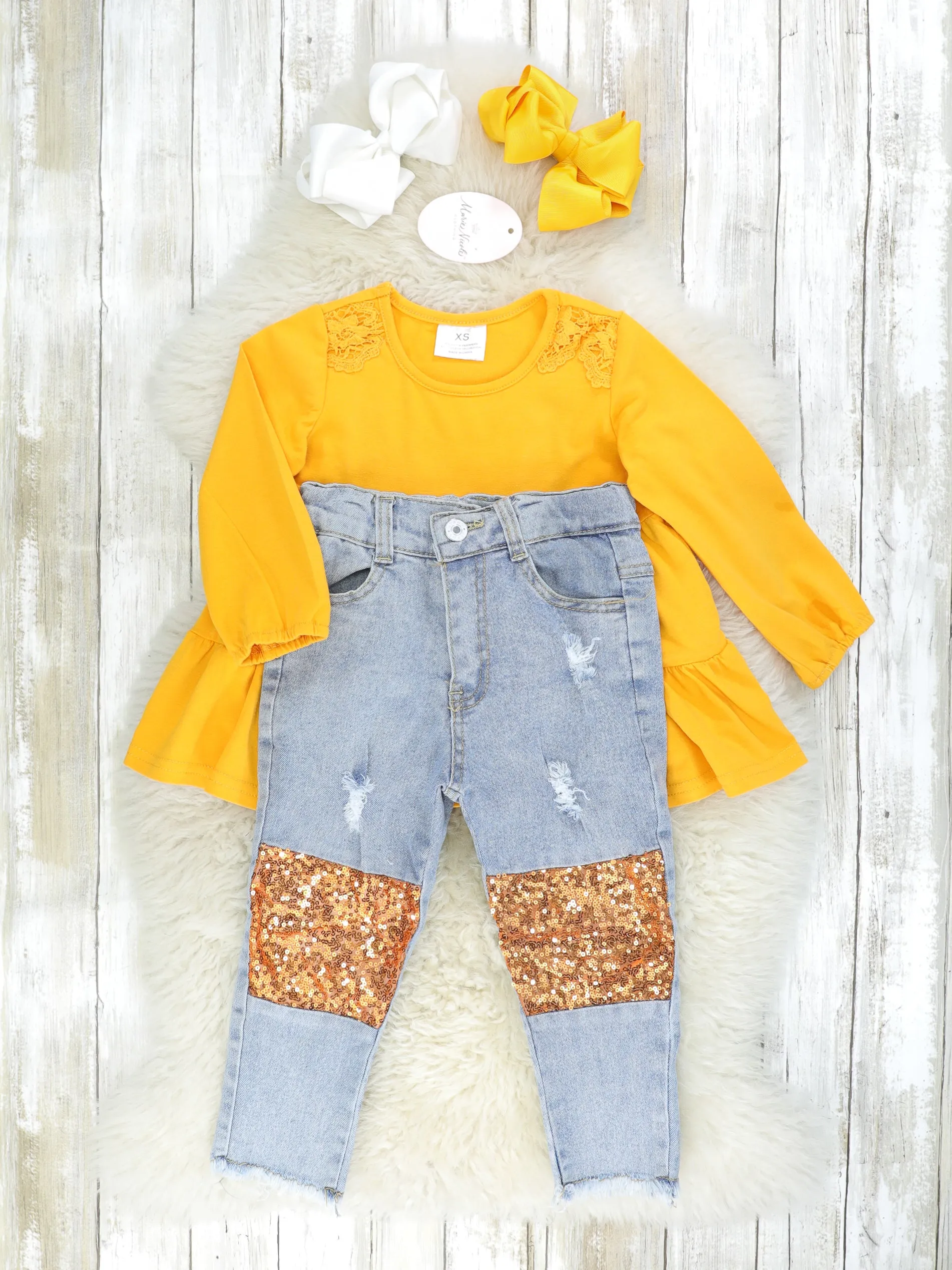 Mustard Lace Tier Top & Distressed Denim Sequin Outfit