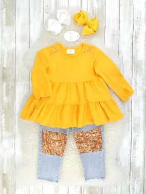 Mustard Lace Tier Top & Distressed Denim Sequin Outfit