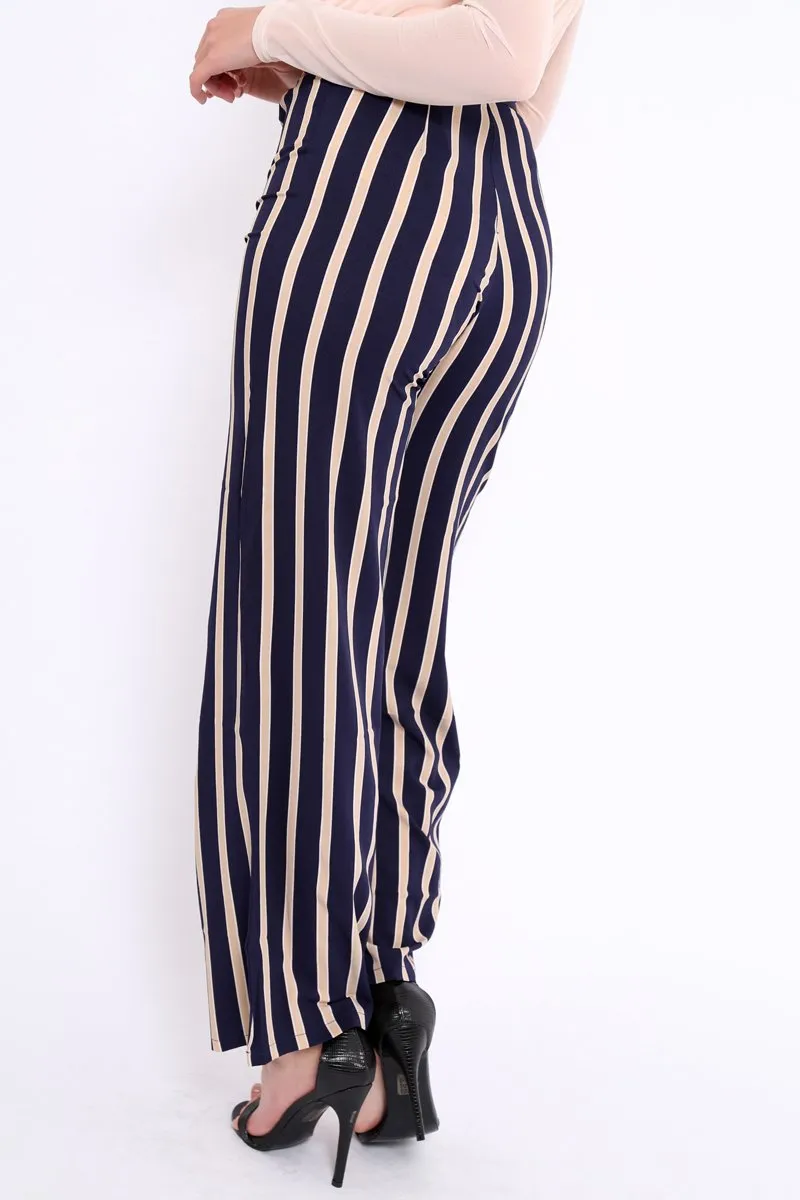 Navy and Beige Striped High Waist Wide Leg Trousers - Clarabell