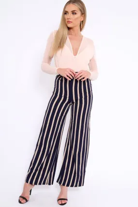 Navy and Beige Striped High Waist Wide Leg Trousers - Clarabell