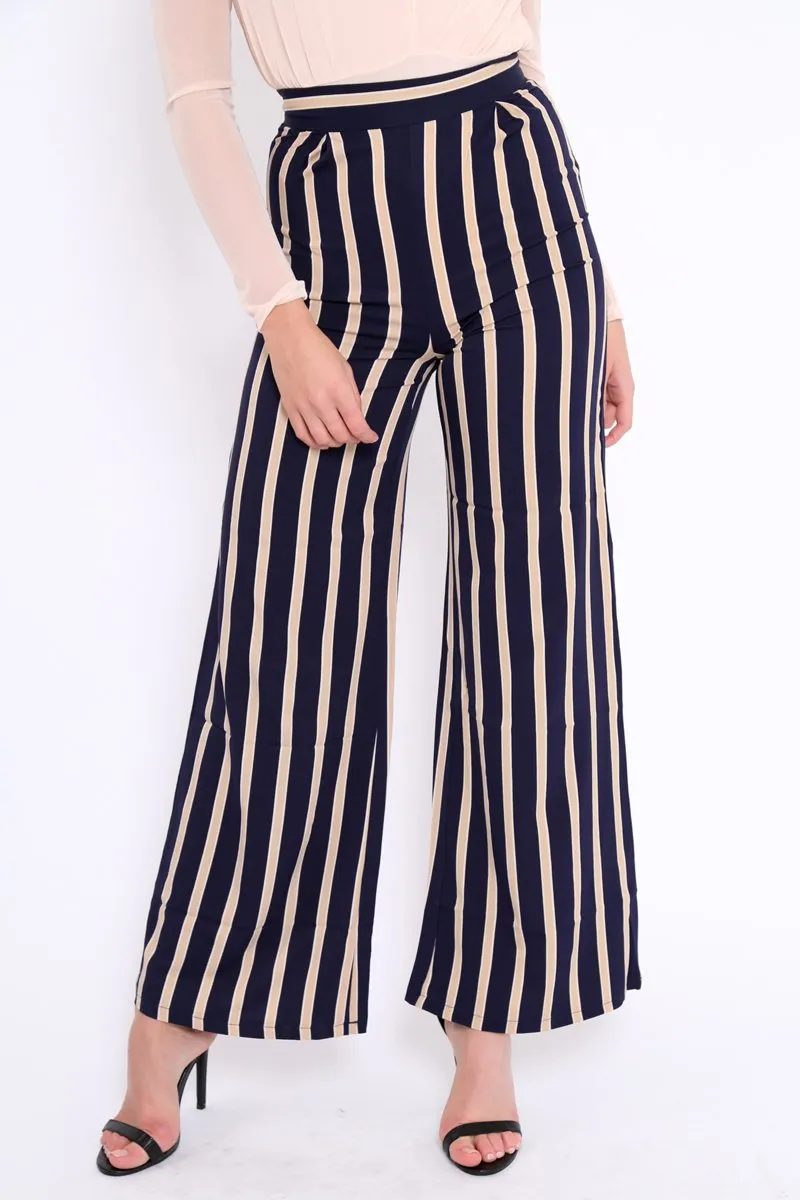 Navy and Beige Striped High Waist Wide Leg Trousers - Clarabell