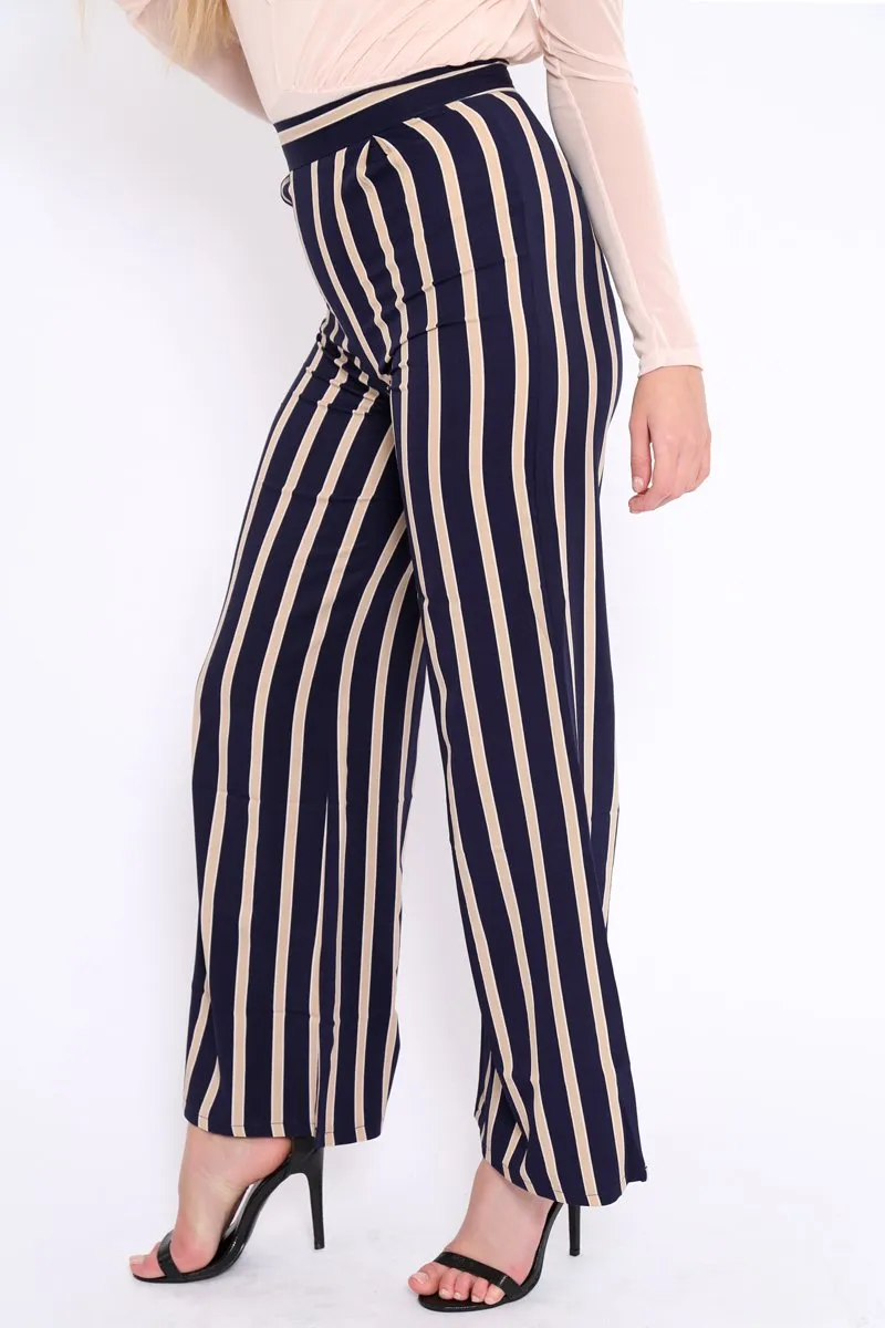 Navy and Beige Striped High Waist Wide Leg Trousers - Clarabell