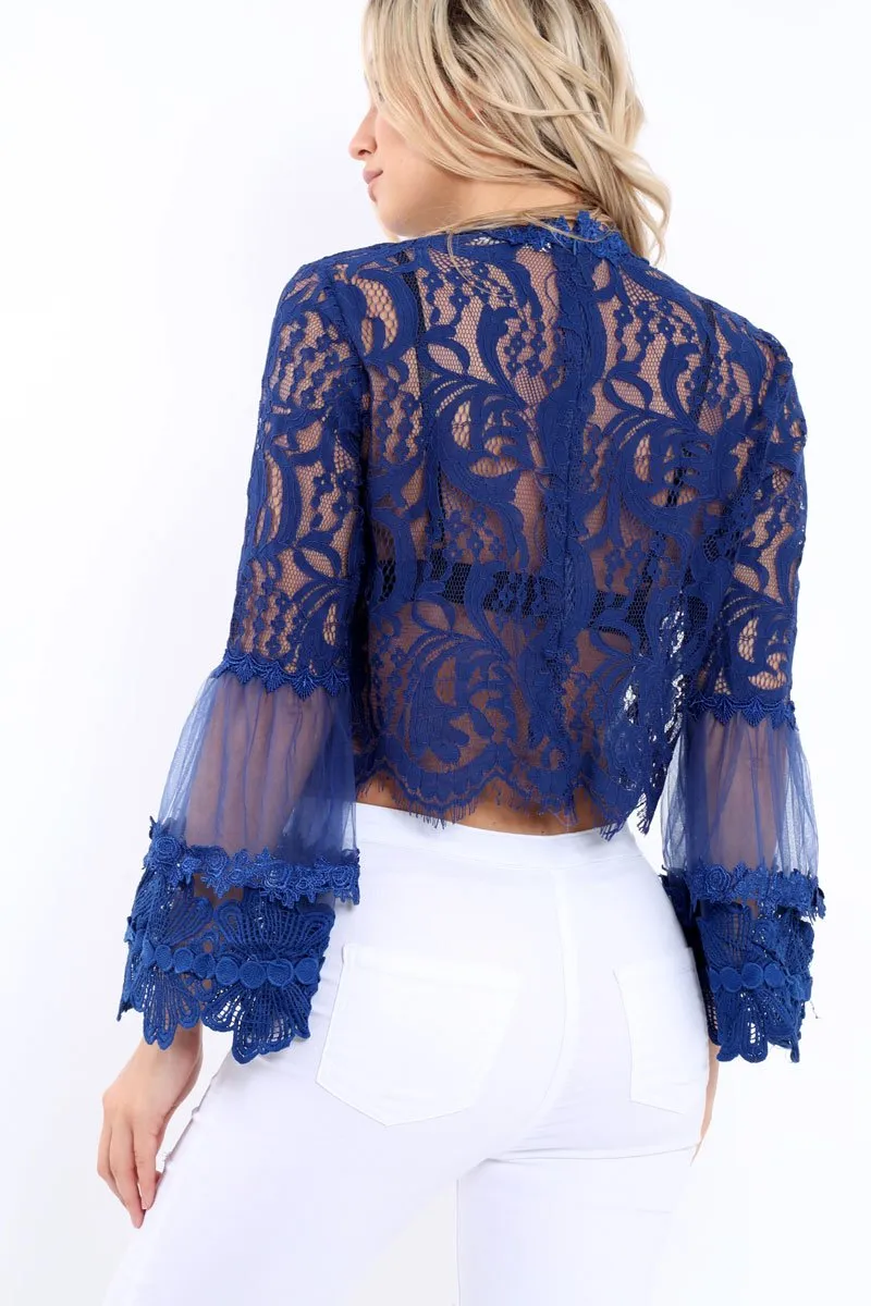 Navy Lace Blouse with Scalloped Hems and Mesh Flared Arms - Kari