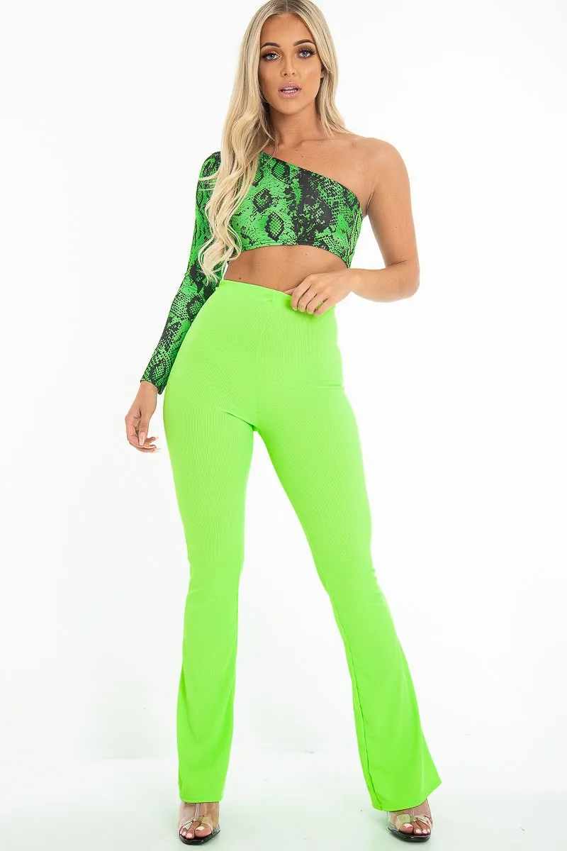 Neon Green Ribbed Kick Flare Trousers - Chlo