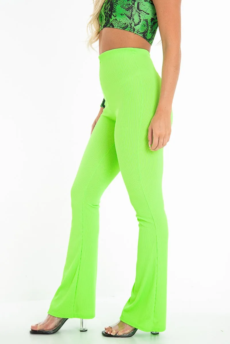 Neon Green Ribbed Kick Flare Trousers - Chlo