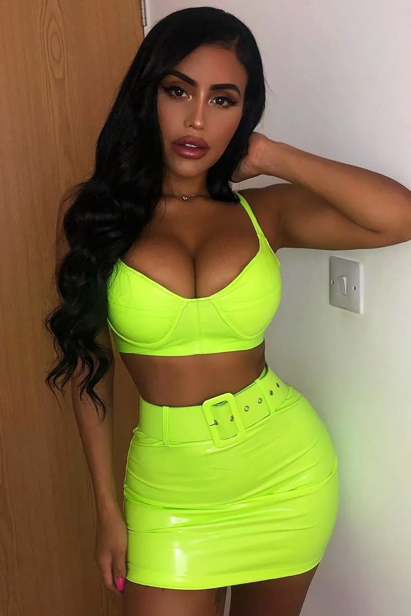 Neon Green Vinyl Bralette Skirt Co-ord - Easton