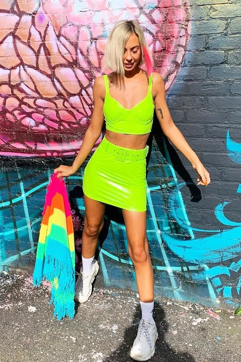 Neon Green Vinyl Bralette Skirt Co-ord - Easton