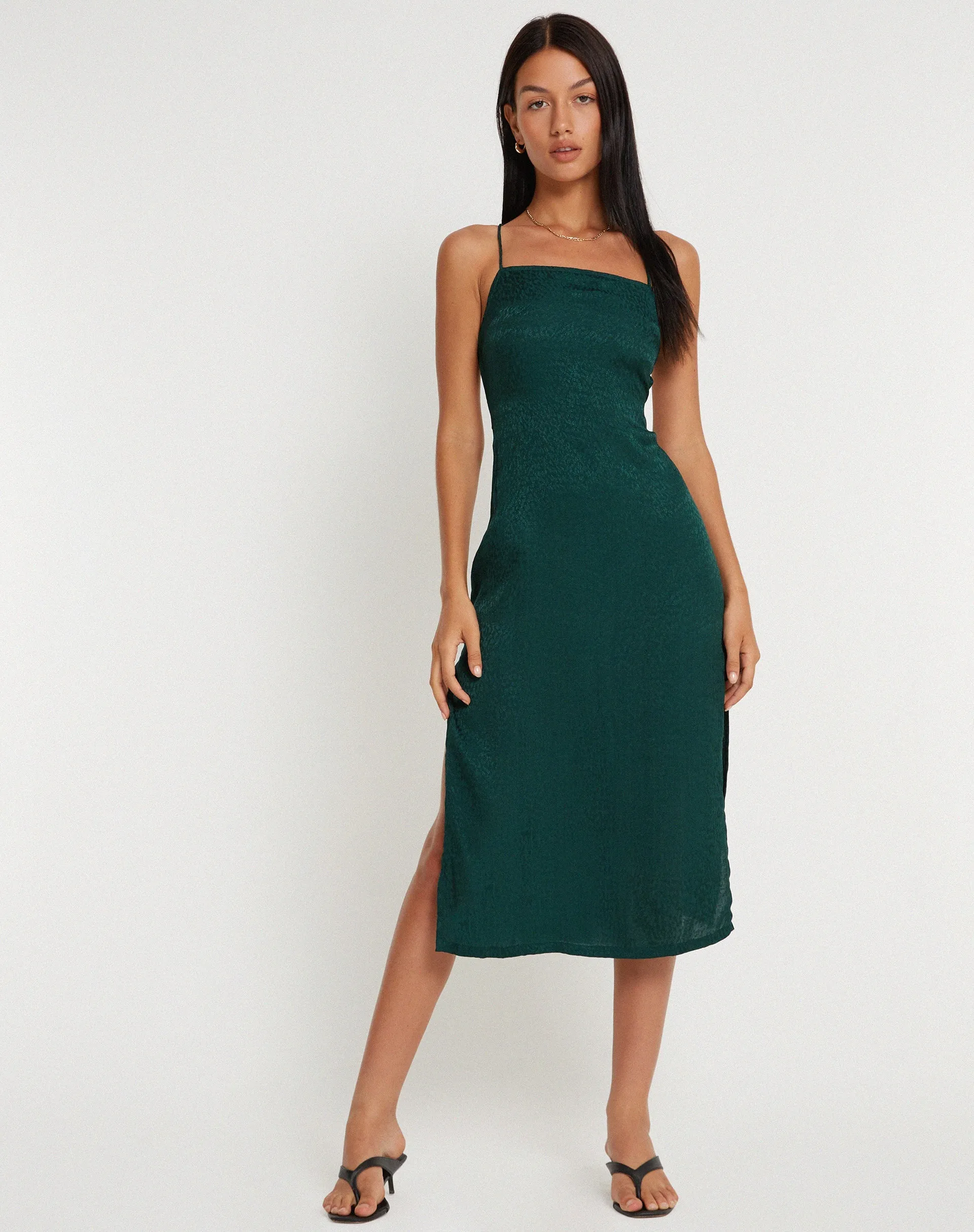 Nosita Midi Dress in Satin Cheetah Forest Green