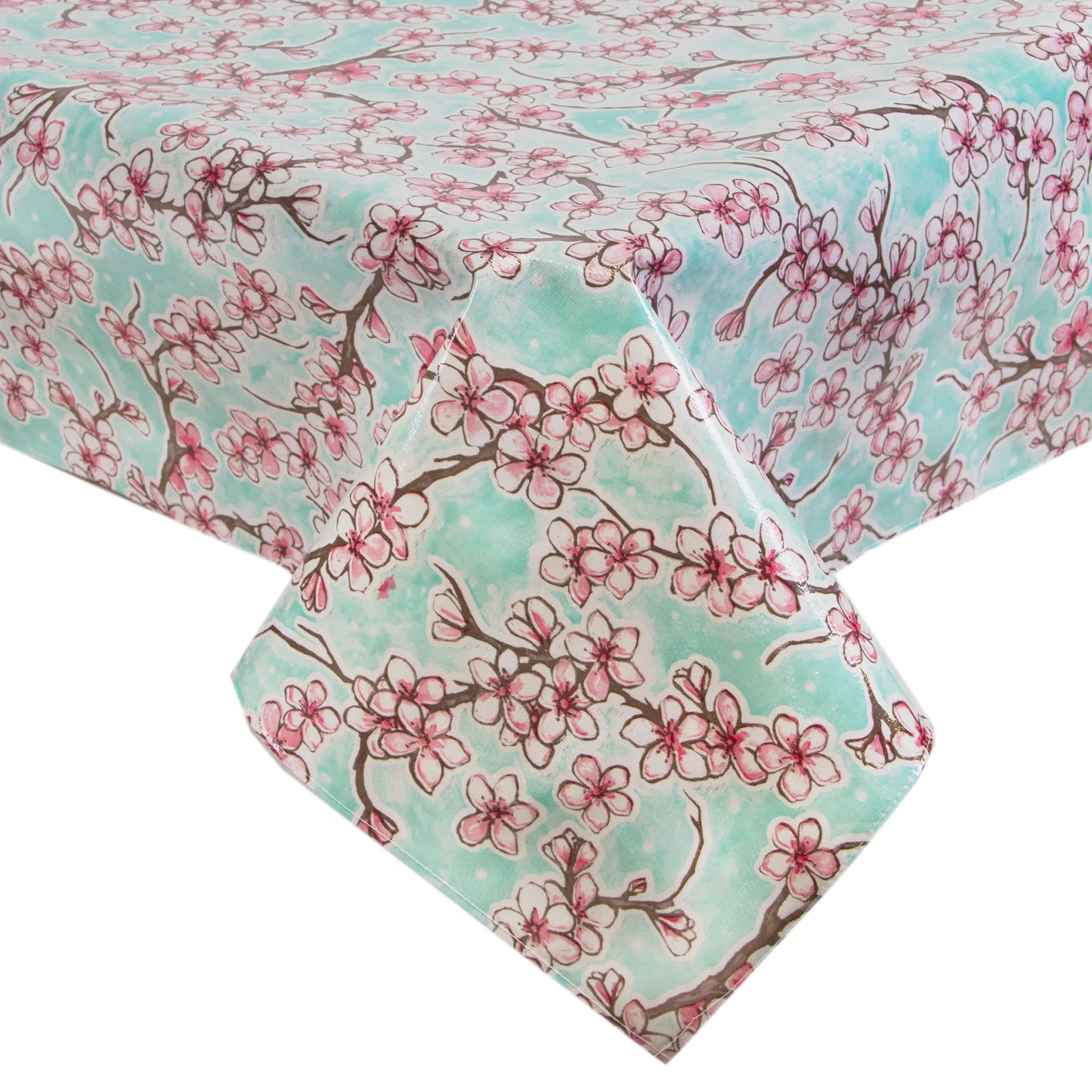 Odd Sized Cherry Blossom Aqua Oilcloth Tablecloths