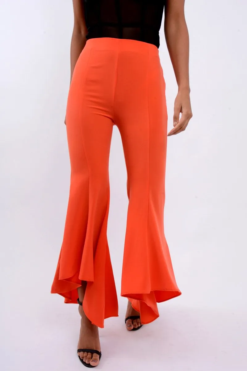 Orange Flare Dip Hem Trousers - Fraya