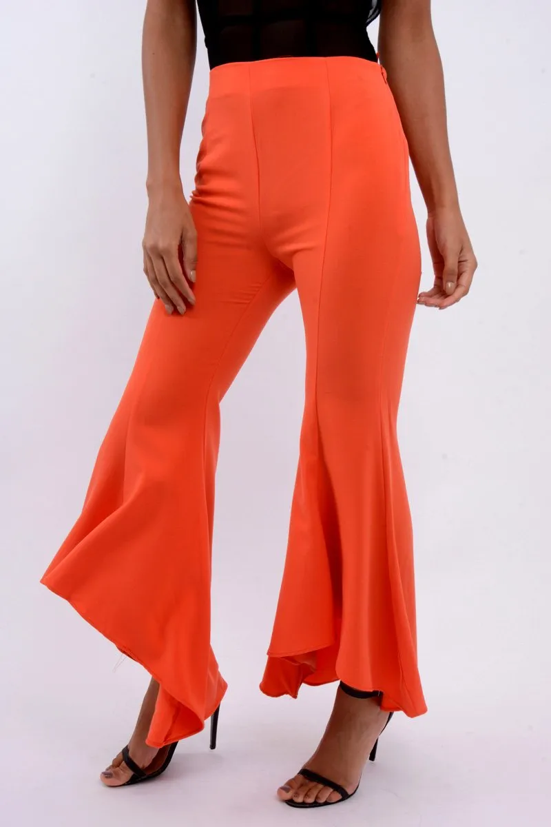 Orange Flare Dip Hem Trousers - Fraya