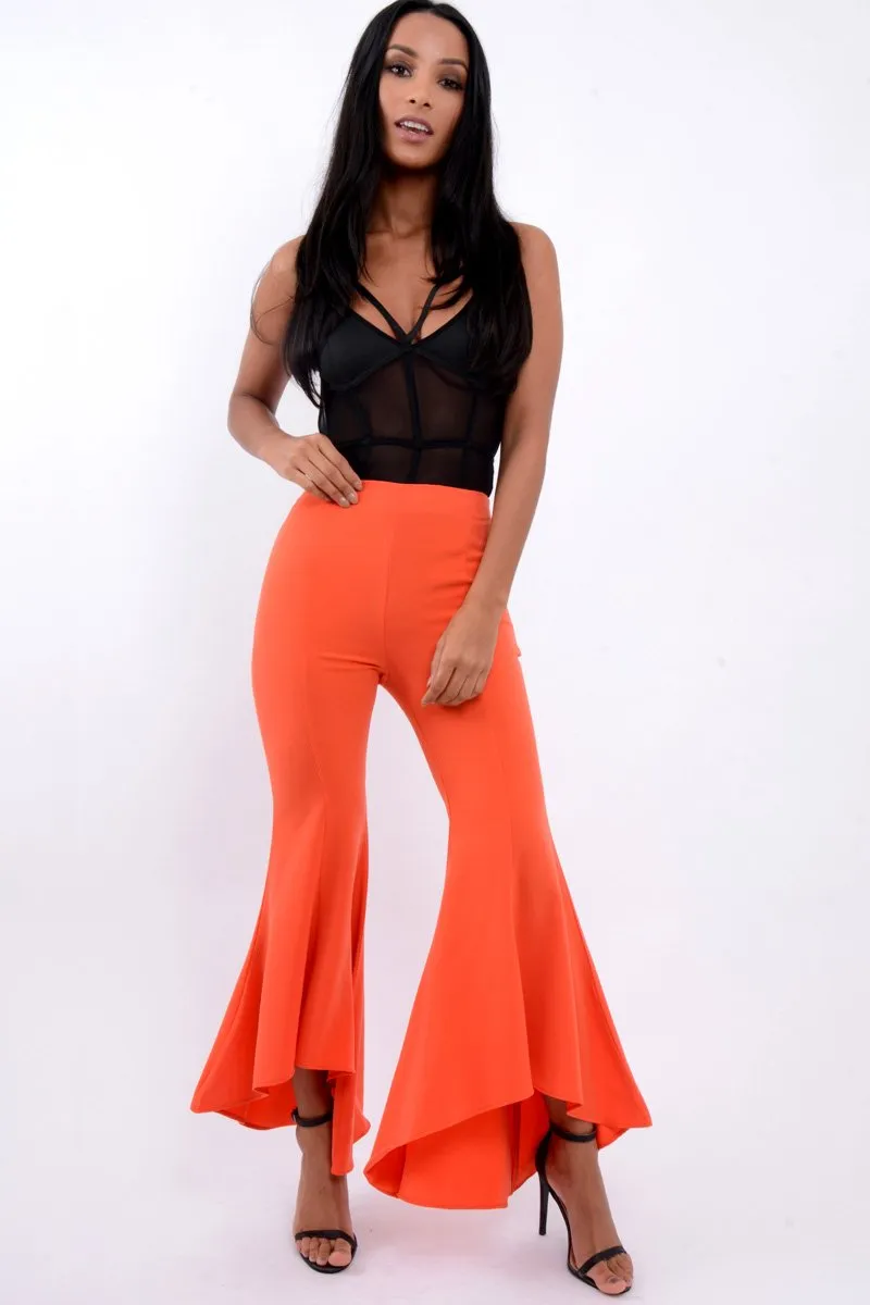 Orange Flare Dip Hem Trousers - Fraya