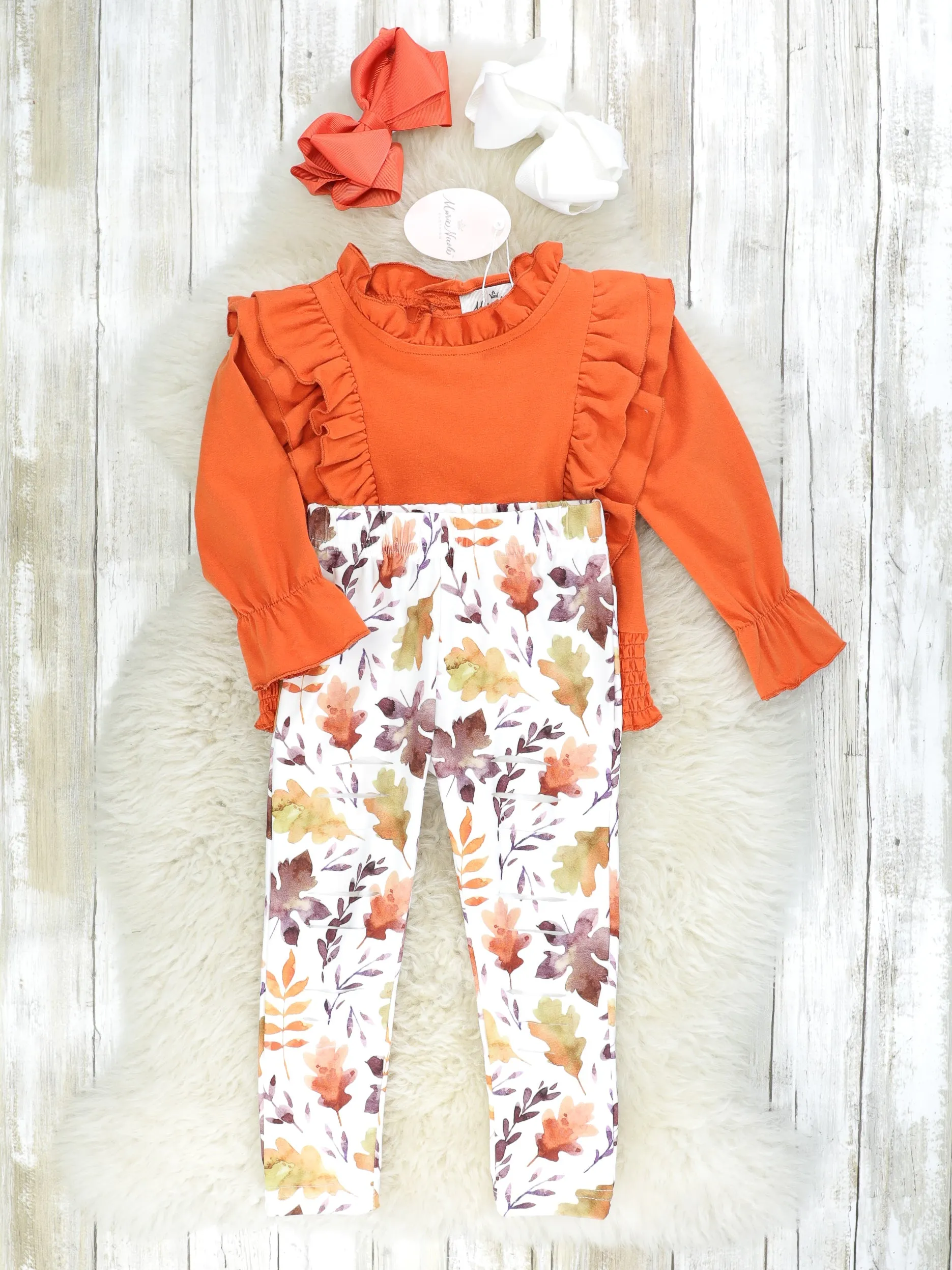 Orange Smocked Ruffle Long Sleeve & Fall Leaf Bottoms Outfit