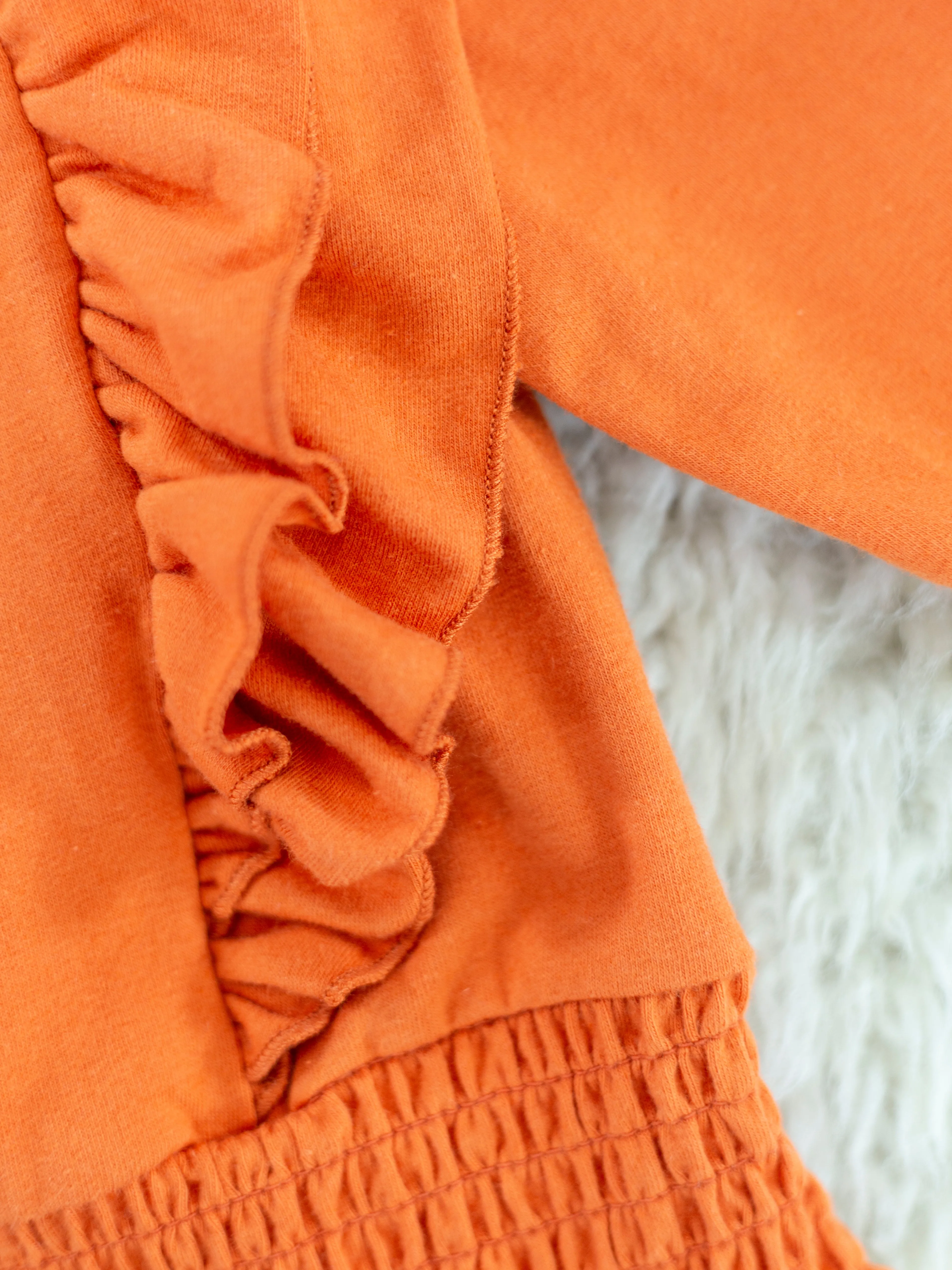 Orange Smocked Ruffle Long Sleeve & Fall Leaf Bottoms Outfit