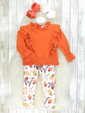 Orange Smocked Ruffle Long Sleeve & Fall Leaf Bottoms Outfit