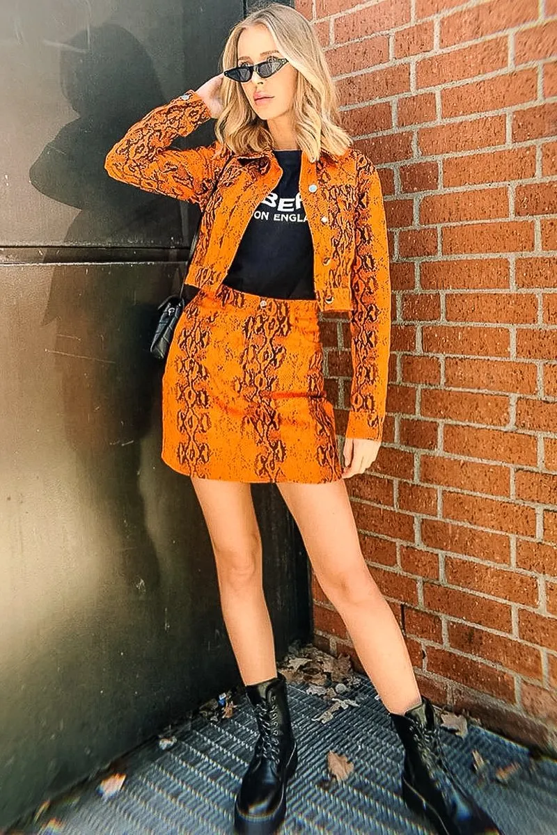 Orange Snake Print Trucker Jacket Mini Skirt Co-Ord - Kiera