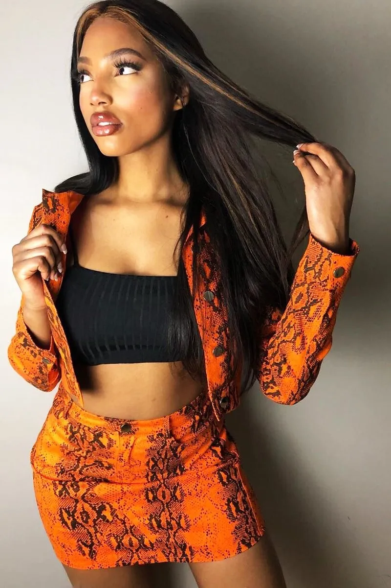 Orange Snake Print Trucker Jacket Mini Skirt Co-Ord - Kiera