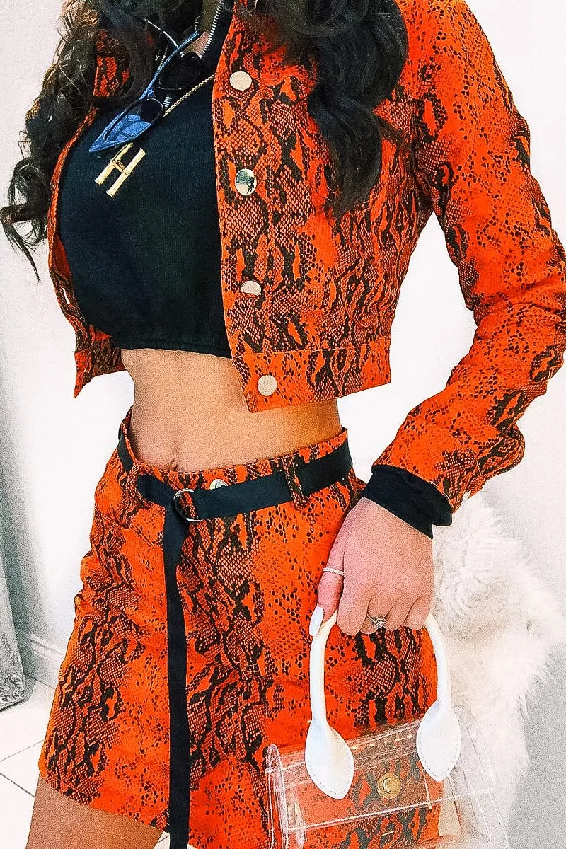 Orange Snake Print Trucker Jacket Mini Skirt Co-Ord - Kiera