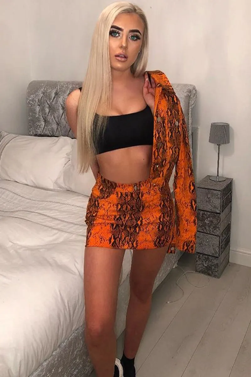 Orange Snake Print Trucker Jacket Mini Skirt Co-Ord - Kiera