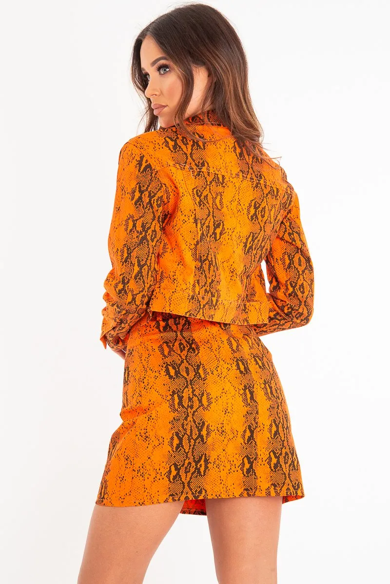 Orange Snake Print Trucker Jacket Mini Skirt Co-Ord - Kiera