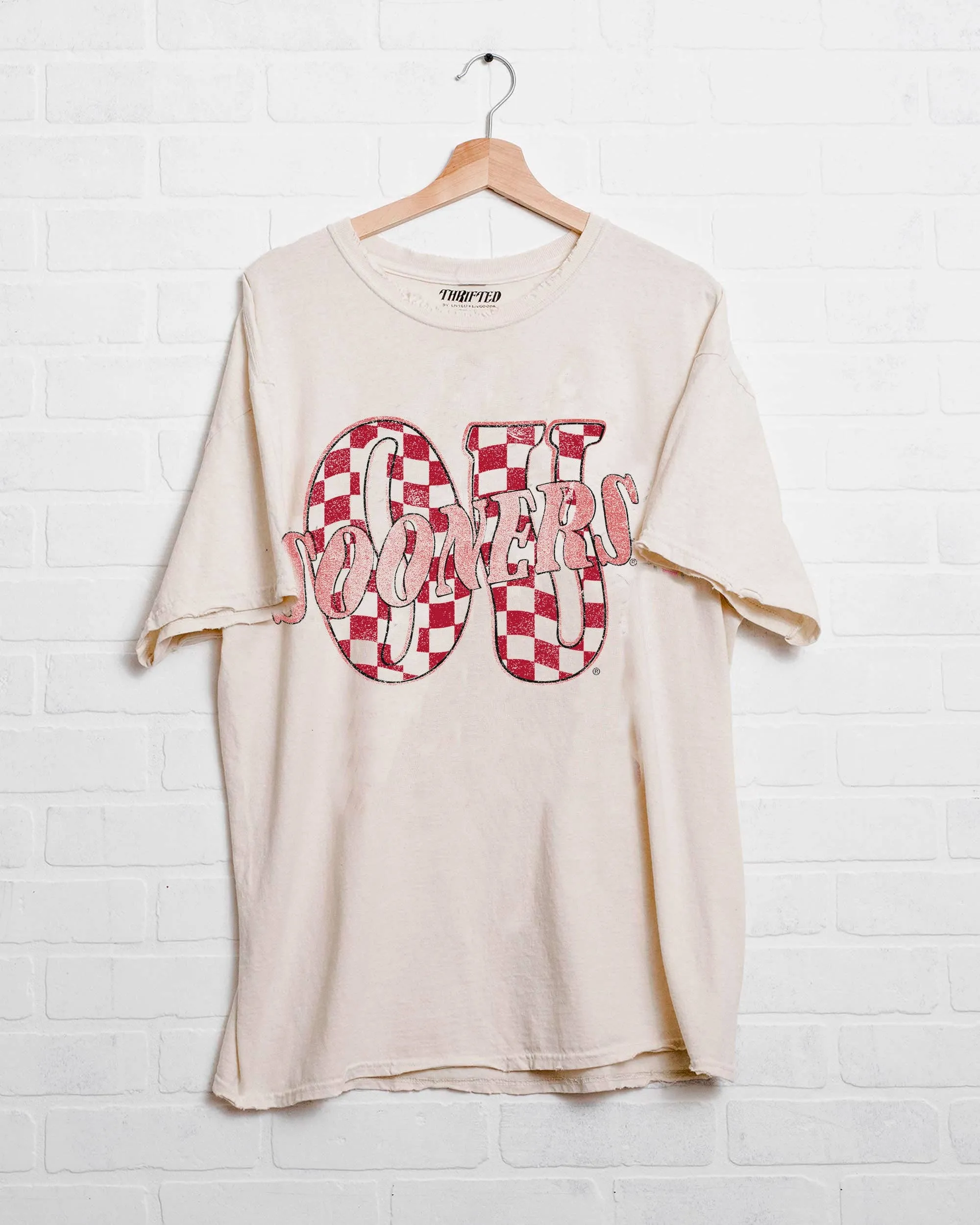 OU Oklahoma Sooners Twisted Check Off White Thrifted Tee