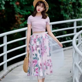 Outfit-Set: Wrap-Style Crop Top With Bowknot   Floral Skirt With Mesh Layer