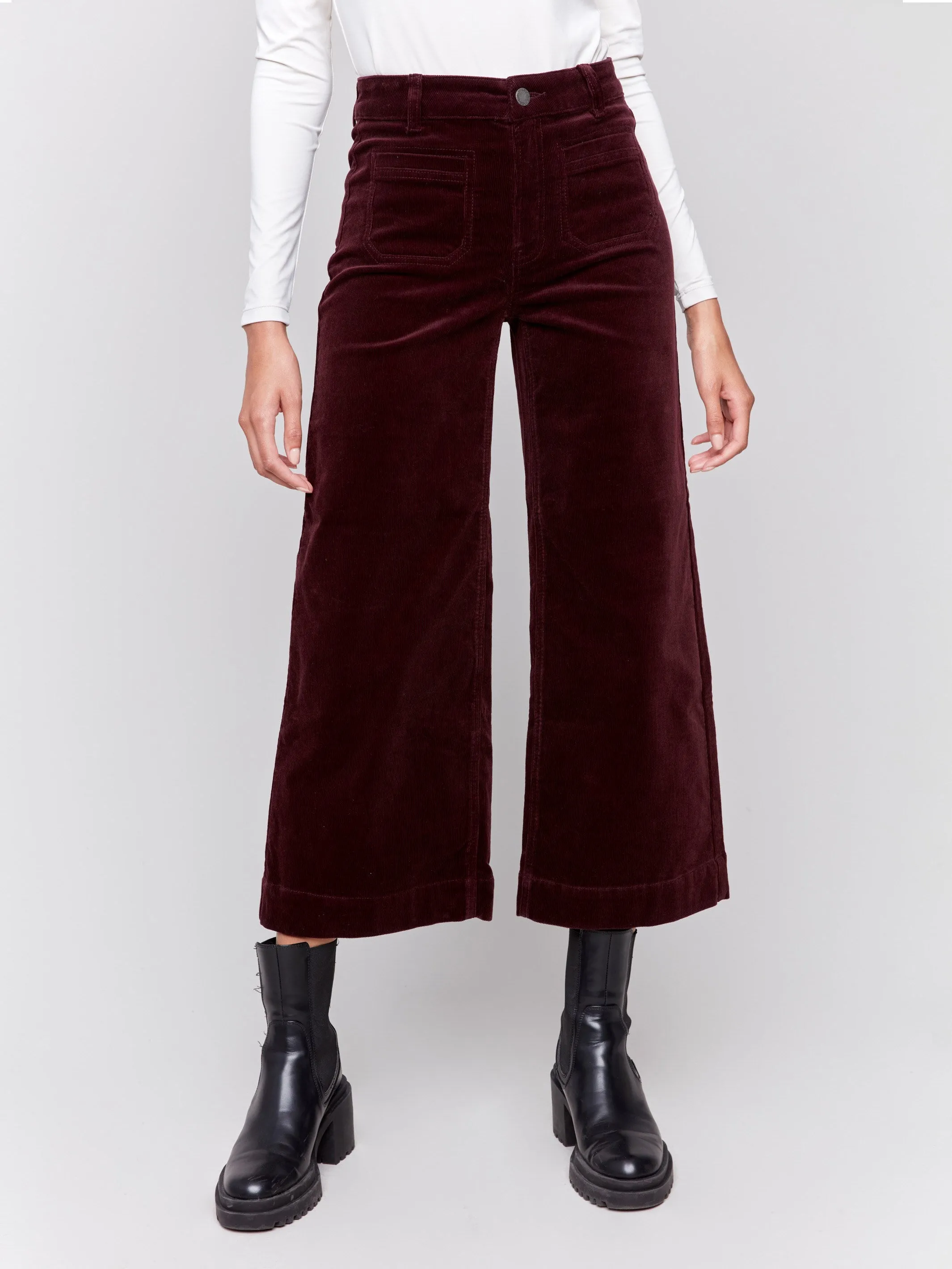 Patch Pocket Corduroy Flare Pants - Plum