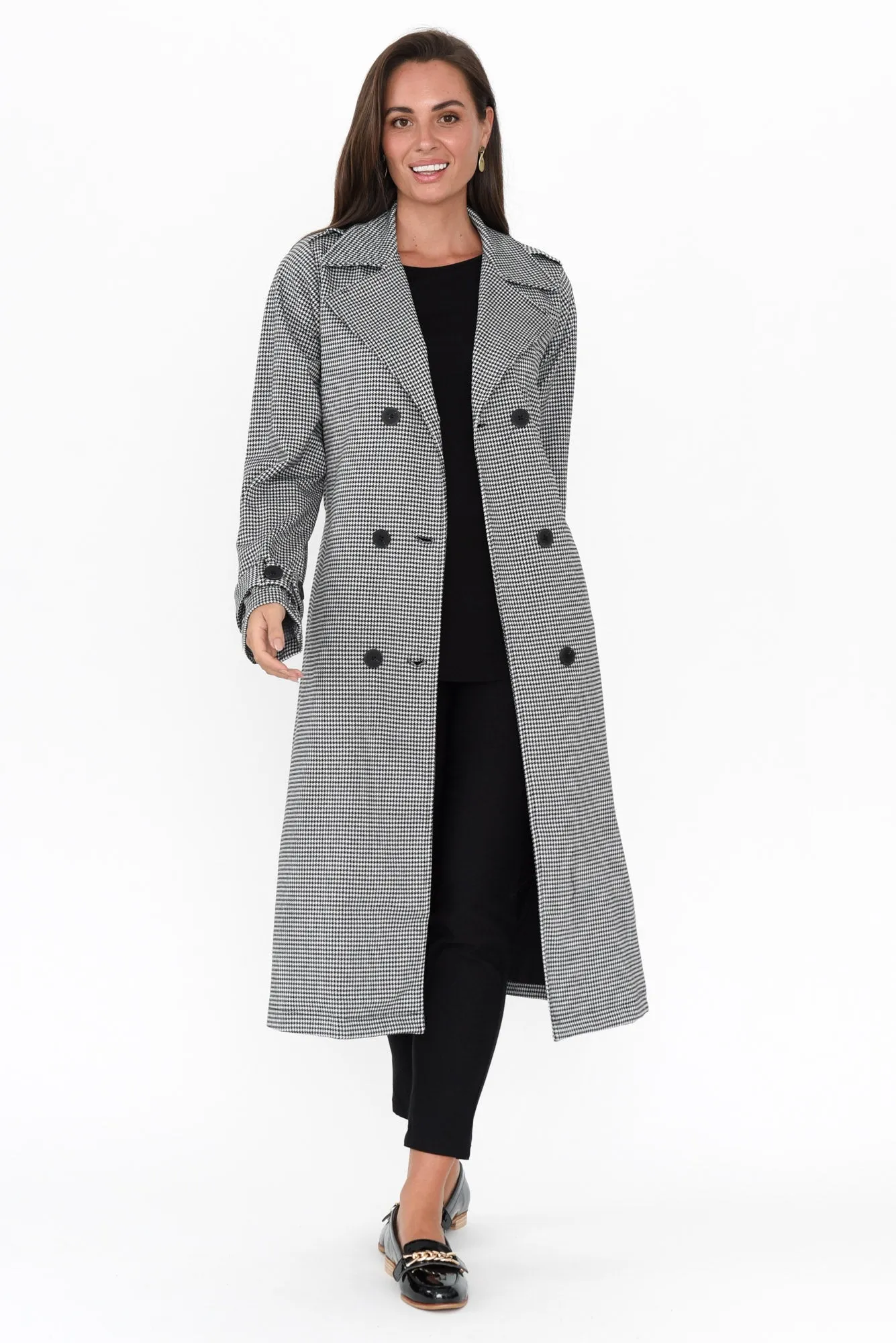 Penn Black Houndstooth Ponte Trench Coat