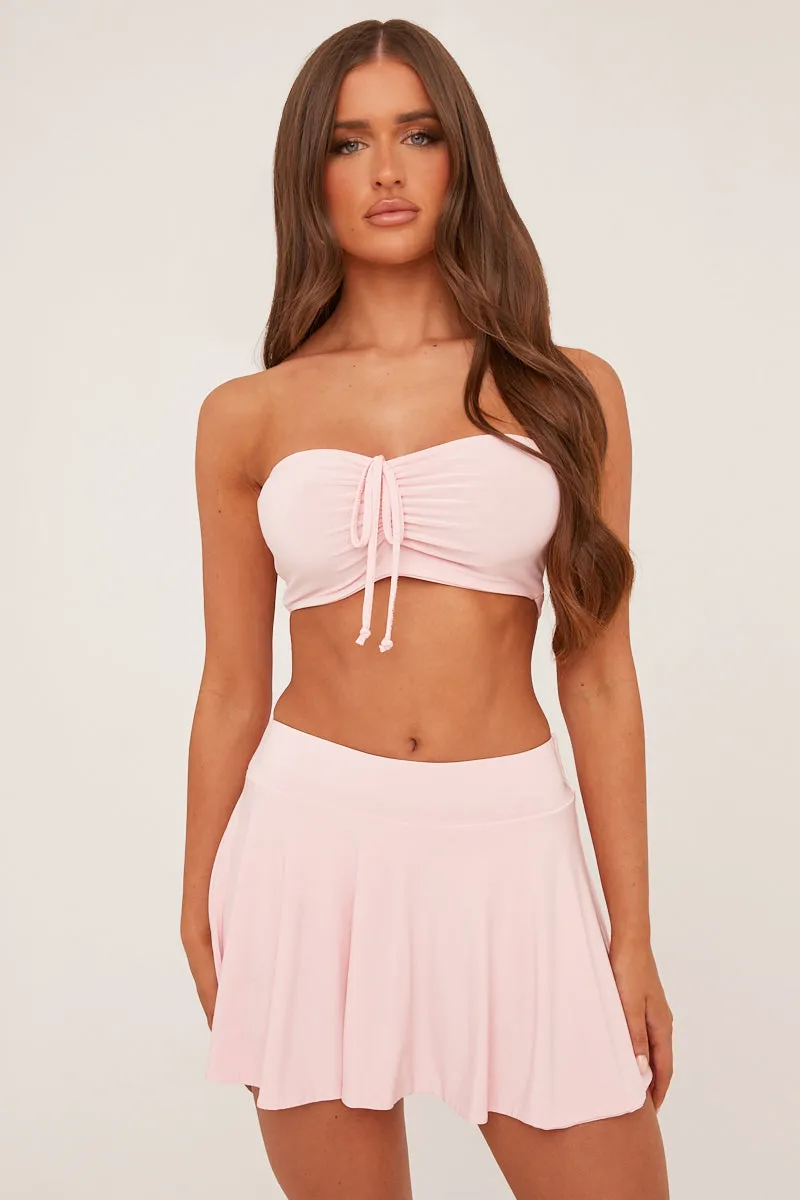 Pink Bandeau Tie Detail Cropped Top & Mini Skirt Co-ord Set - Lydia