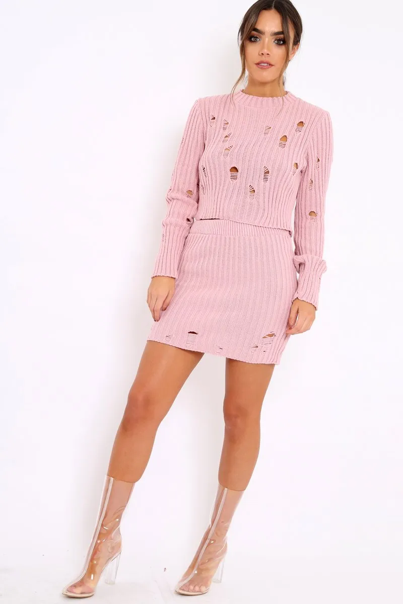 Pink Distressed Cable Knit Co-ord - Dayla