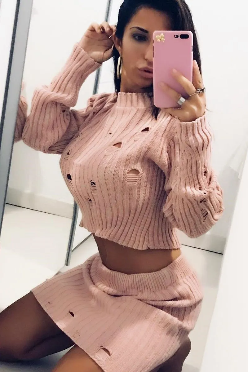 Pink Distressed Cable Knit Co-ord - Dayla