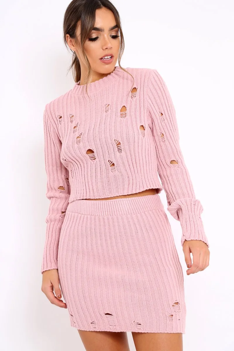 Pink Distressed Cable Knit Co-ord - Dayla