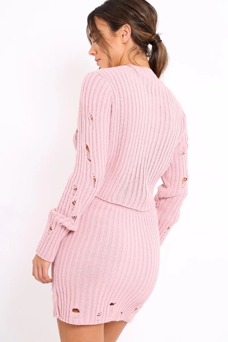 Pink Distressed Cable Knit Co-ord - Dayla