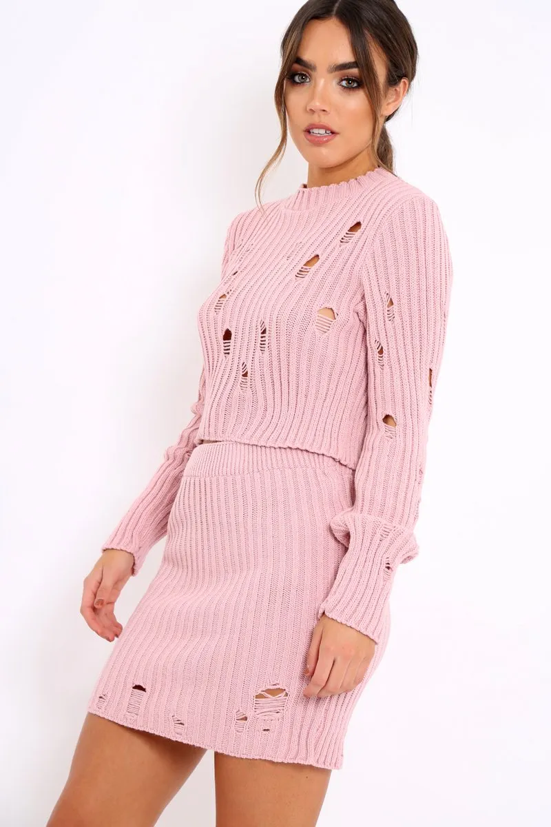 Pink Distressed Cable Knit Co-ord - Dayla