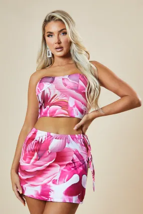 Pink Floral Print Corset Crop Top & Mini Skirt Co-ord Set - Katana