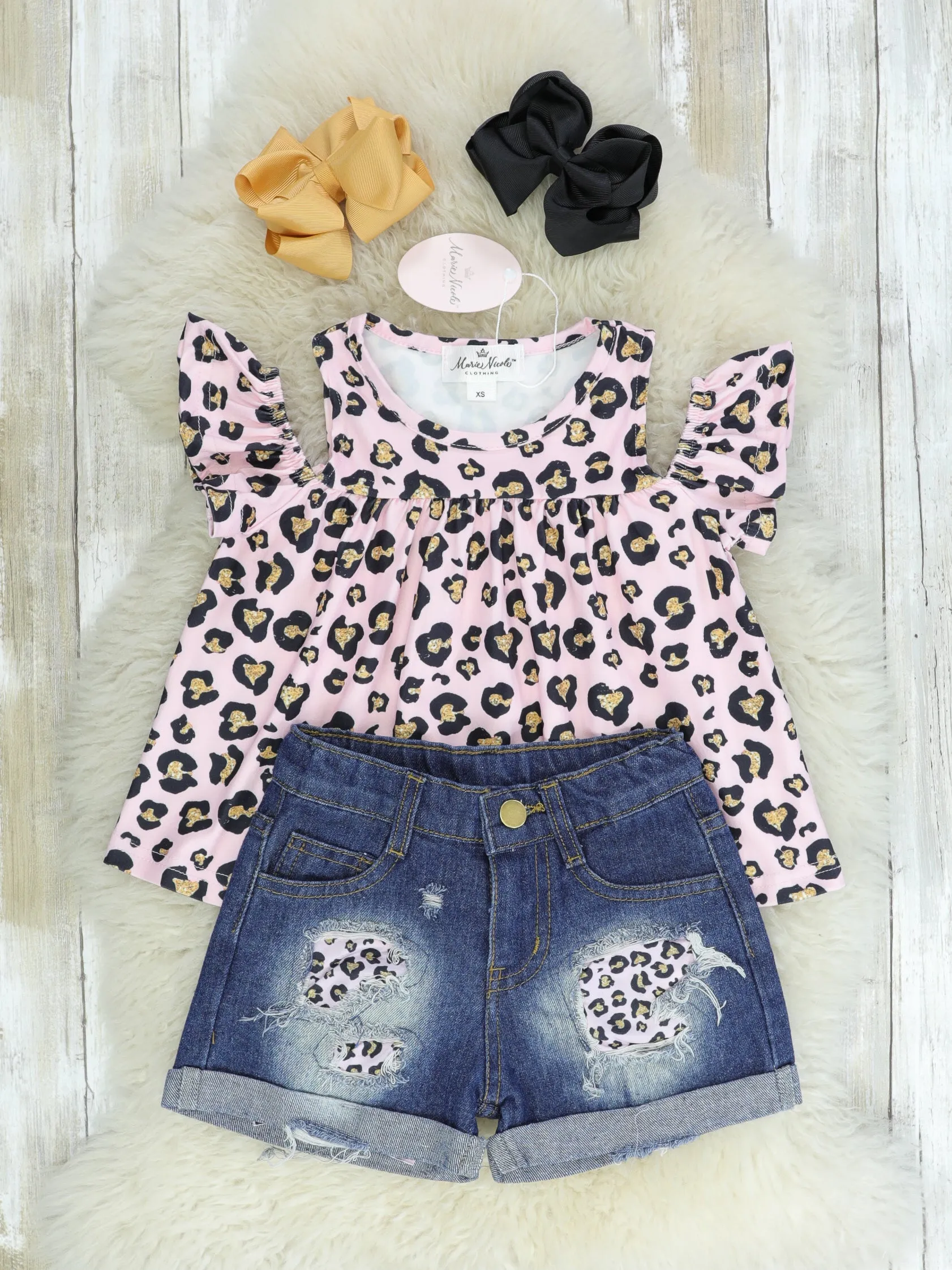 Pink Leopard Cold Shoulder Top & Denim Shorts Outfit