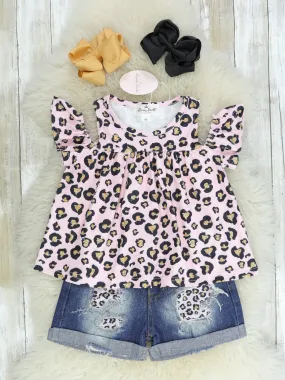 Pink Leopard Cold Shoulder Top & Denim Shorts Outfit