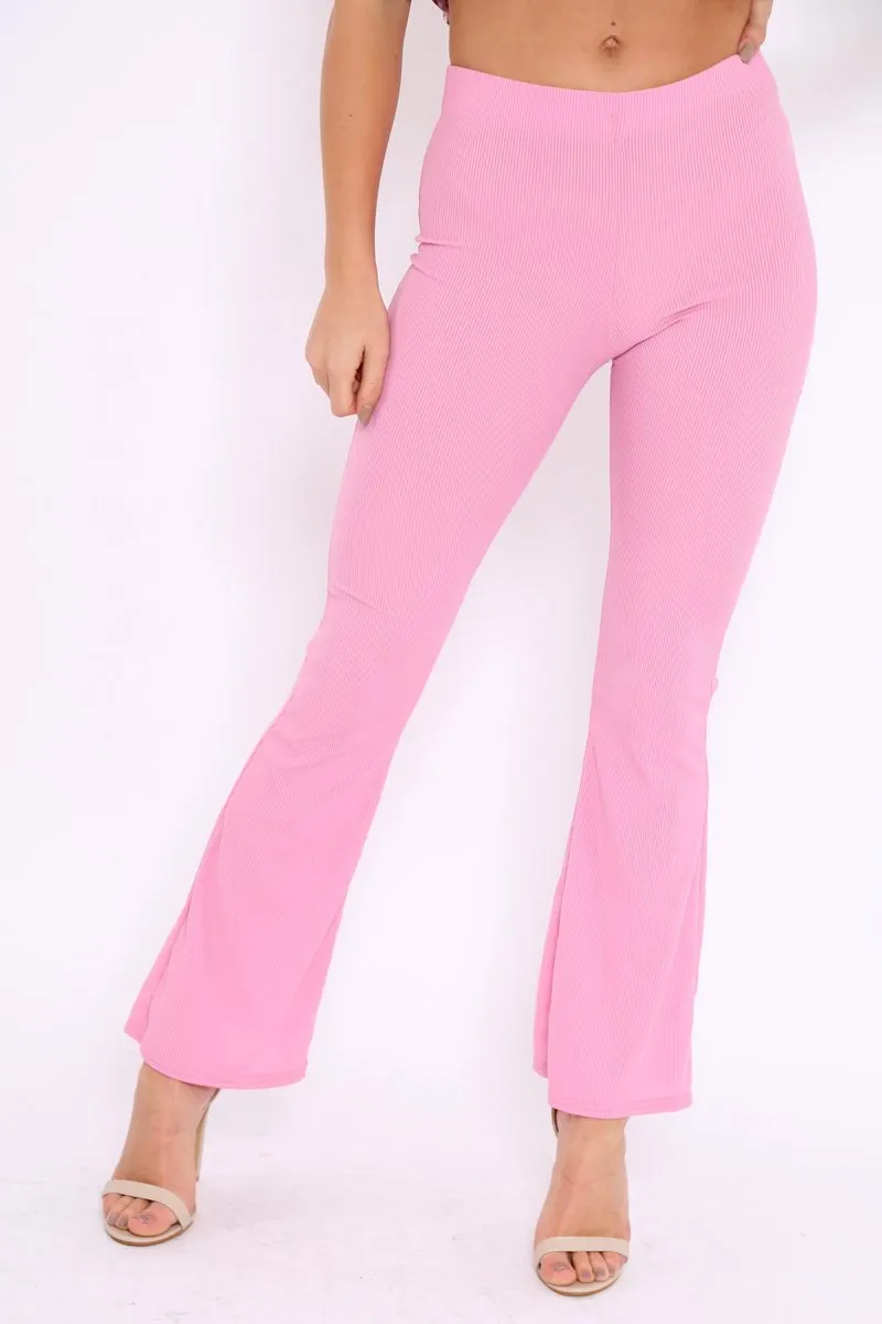 Pink Ribbed Kick Flare Trousers - Chlo