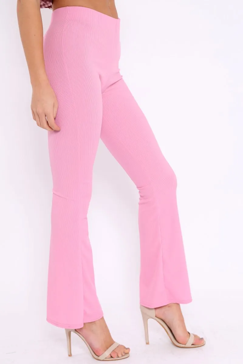 Pink Ribbed Kick Flare Trousers - Chlo