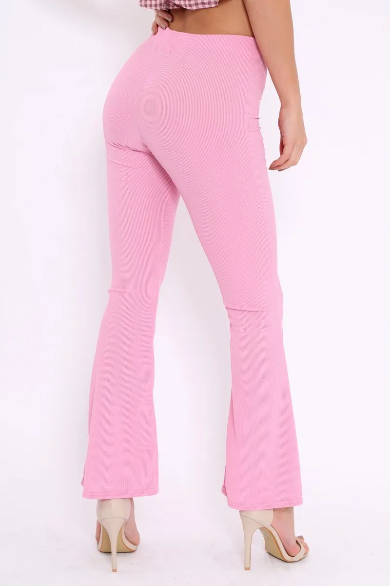 Pink Ribbed Kick Flare Trousers - Chlo